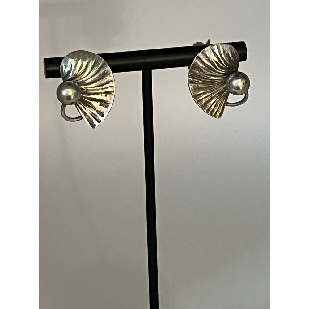Vintage sterling silver Lily Pads screw back ear clips, signed